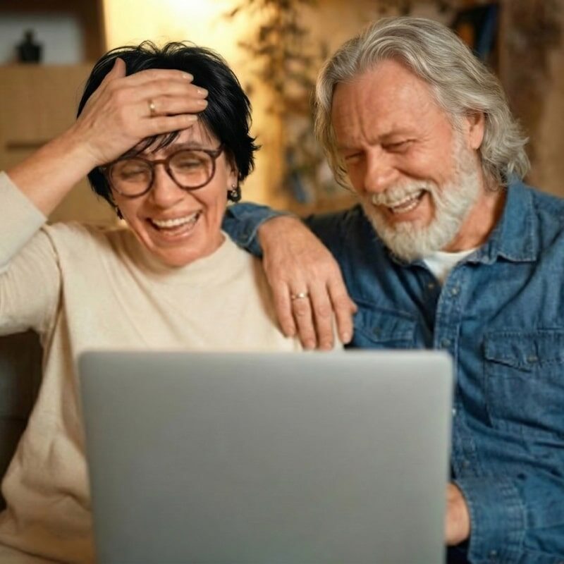 An elderly couple sits together and laughs while playing, and losing, a game of mexican train online on a laptop.